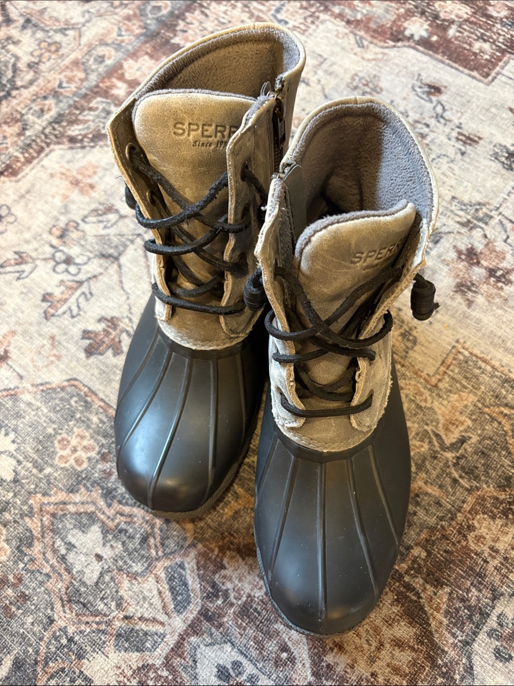 Sperry  Black Rubber Duck Boots with Gray Suede Upper